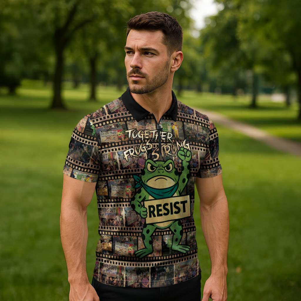 Resist Frog Zipper Polo Shirt Protest Free Portland LT05