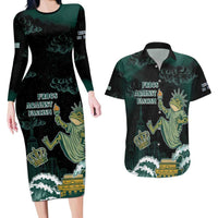 Frogs Against Fascism Couples Matching Long Sleeve Bodycon Dress and Hawaiian Shirt No Kings Funny Portland Frog Protest - Wonder Print Shop