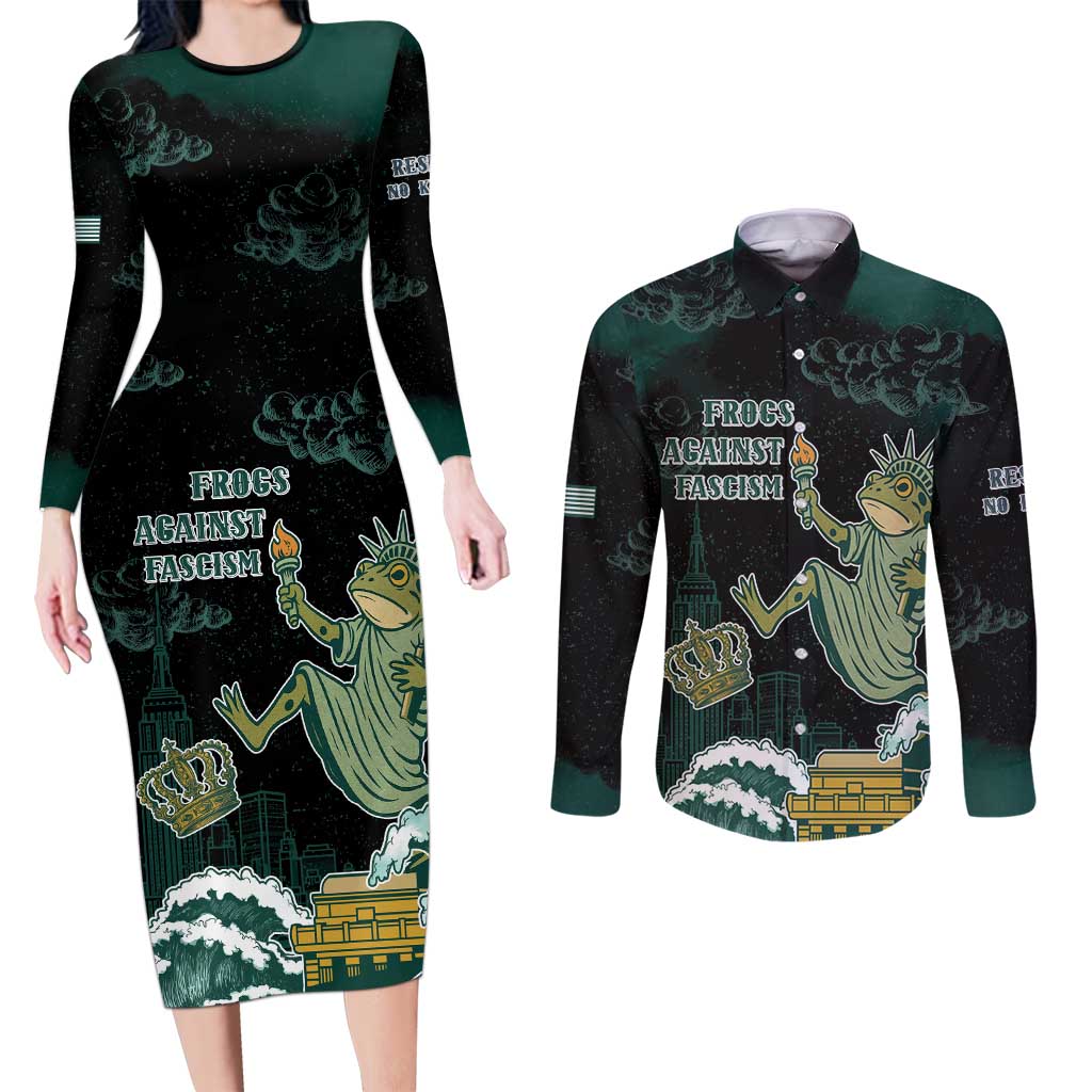 Frogs Against Fascism Couples Matching Long Sleeve Bodycon Dress and Long Sleeve Button Shirt No Kings Funny Portland Frog Protest - Wonder Print Shop