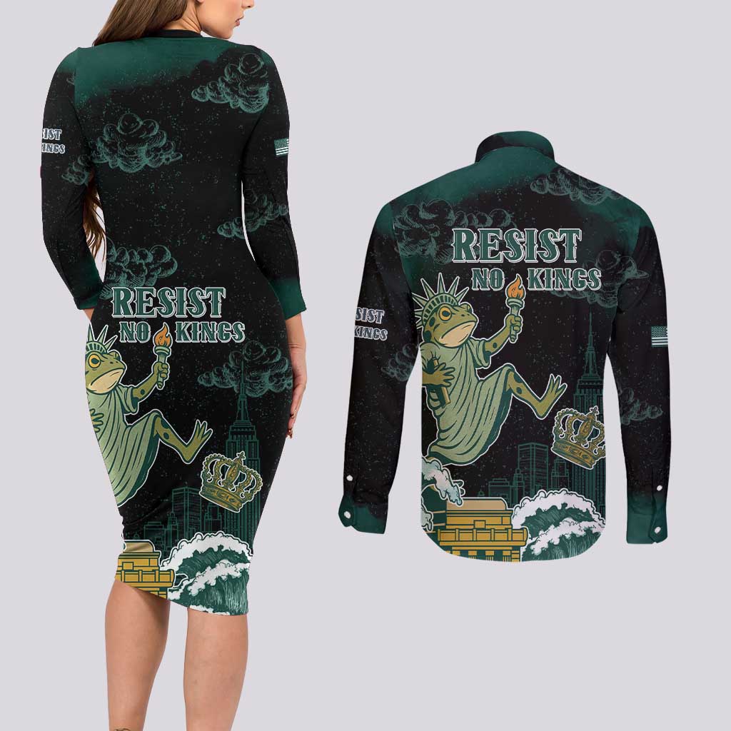 Frogs Against Fascism Couples Matching Long Sleeve Bodycon Dress and Long Sleeve Button Shirt No Kings Funny Portland Frog Protest - Wonder Print Shop