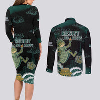 Frogs Against Fascism Couples Matching Long Sleeve Bodycon Dress and Long Sleeve Button Shirt No Kings Funny Portland Frog Protest - Wonder Print Shop