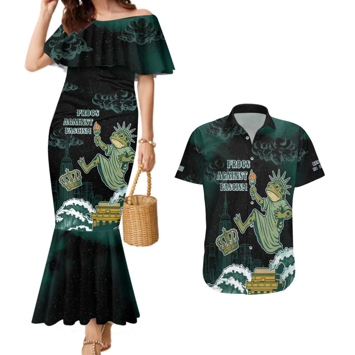 Frogs Against Fascism Couples Matching Mermaid Dress and Hawaiian Shirt No Kings Funny Portland Frog Protest - Wonder Print Shop