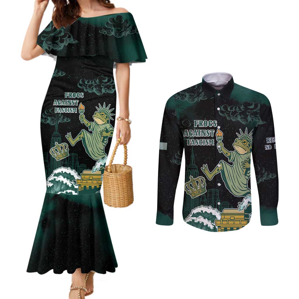 Frogs Against Fascism Couples Matching Mermaid Dress and Long Sleeve Button Shirt No Kings Funny Portland Frog Protest - Wonder Print Shop