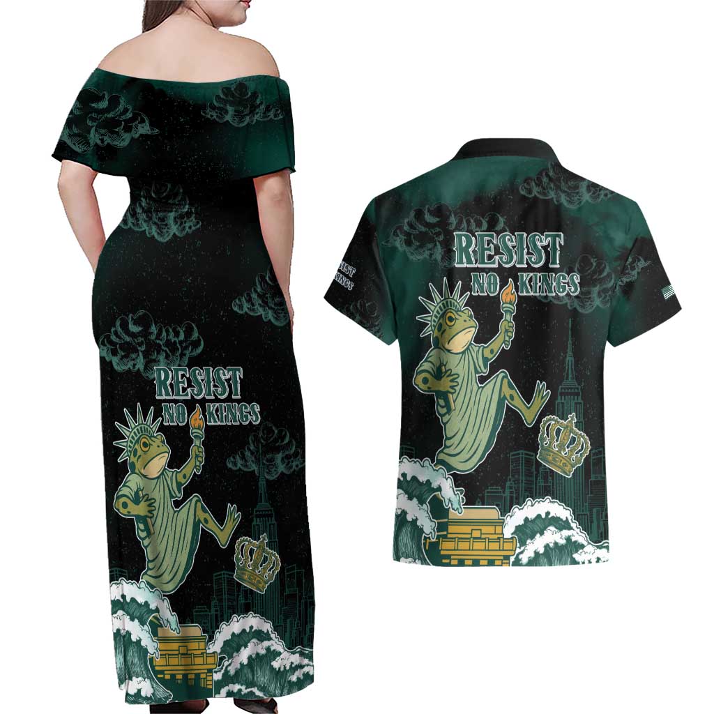 Frogs Against Fascism Couples Matching Off Shoulder Maxi Dress and Hawaiian Shirt No Kings Funny Portland Frog Protest - Wonder Print Shop