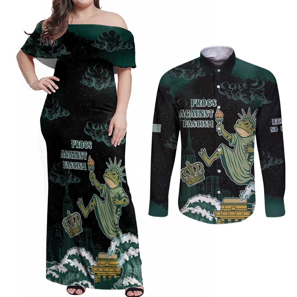 Frogs Against Fascism Couples Matching Off Shoulder Maxi Dress and Long Sleeve Button Shirt No Kings Funny Portland Frog Protest - Wonder Print Shop