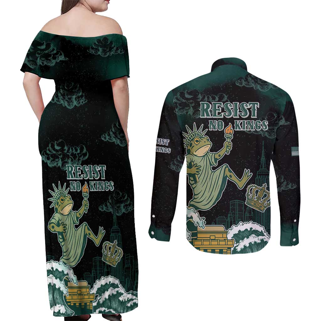 Frogs Against Fascism Couples Matching Off Shoulder Maxi Dress and Long Sleeve Button Shirt No Kings Funny Portland Frog Protest - Wonder Print Shop
