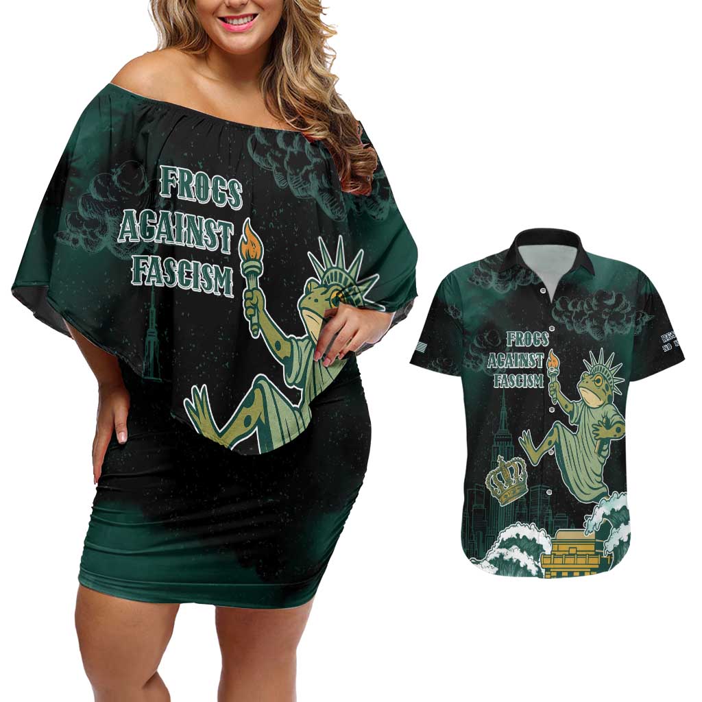 Frogs Against Fascism Couples Matching Off Shoulder Short Dress and Hawaiian Shirt No Kings Funny Portland Frog Protest - Wonder Print Shop