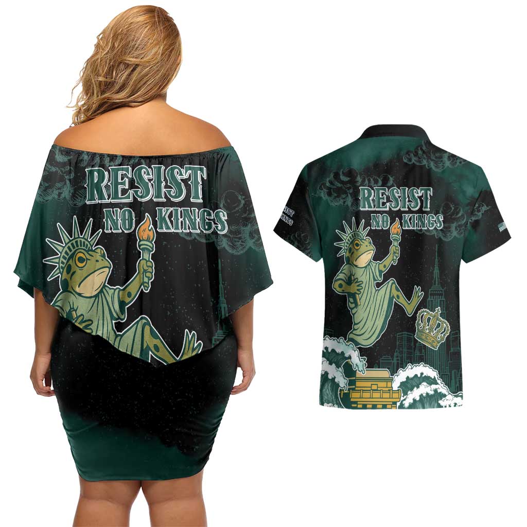 Frogs Against Fascism Couples Matching Off Shoulder Short Dress and Hawaiian Shirt No Kings Funny Portland Frog Protest - Wonder Print Shop