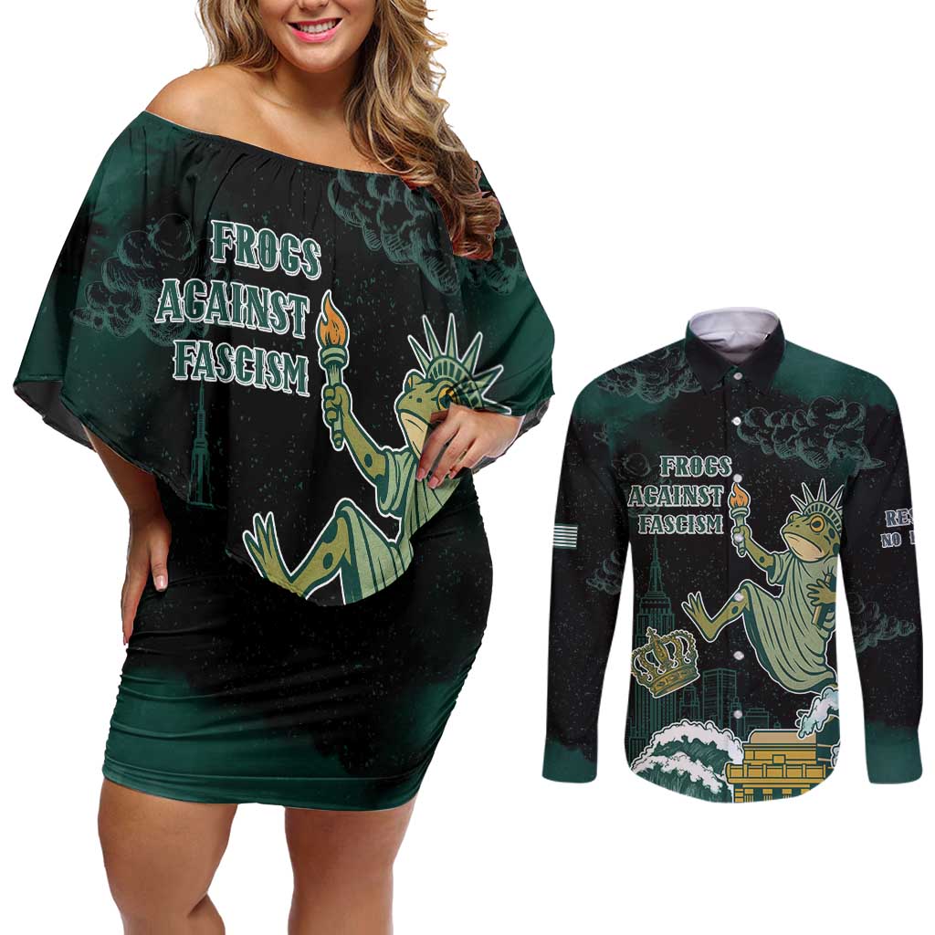 Frogs Against Fascism Couples Matching Off Shoulder Short Dress and Long Sleeve Button Shirt No Kings Funny Portland Frog Protest - Wonder Print Shop