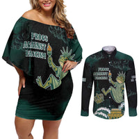 Frogs Against Fascism Couples Matching Off Shoulder Short Dress and Long Sleeve Button Shirt No Kings Funny Portland Frog Protest - Wonder Print Shop