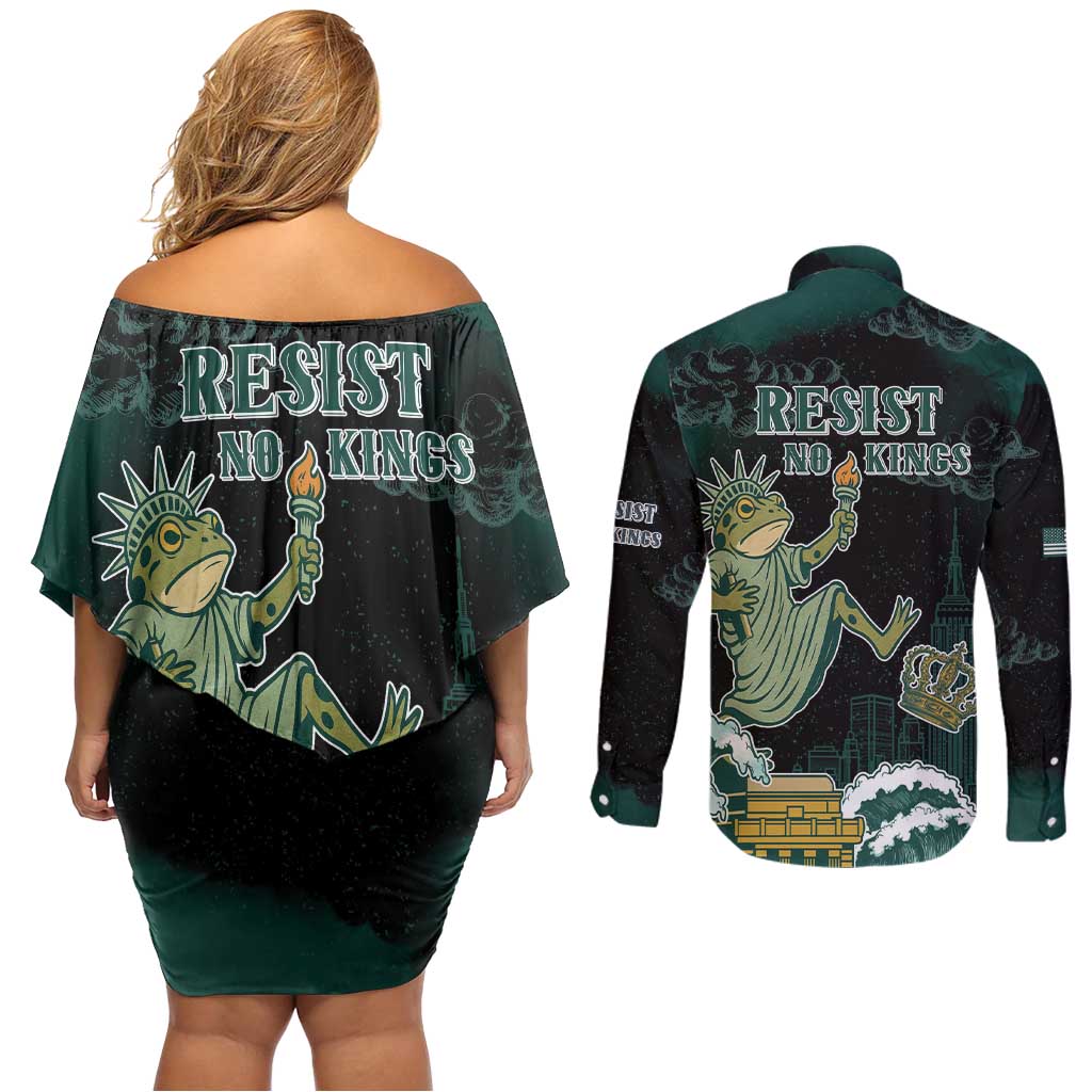 Frogs Against Fascism Couples Matching Off Shoulder Short Dress and Long Sleeve Button Shirt No Kings Funny Portland Frog Protest - Wonder Print Shop