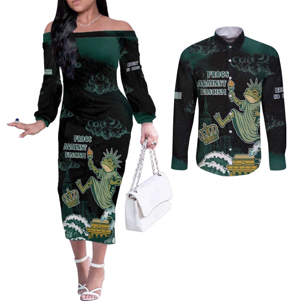 Frogs Against Fascism Couples Matching Off The Shoulder Long Sleeve Dress and Long Sleeve Button Shirt No Kings Funny Portland Frog Protest - Wonder Print Shop