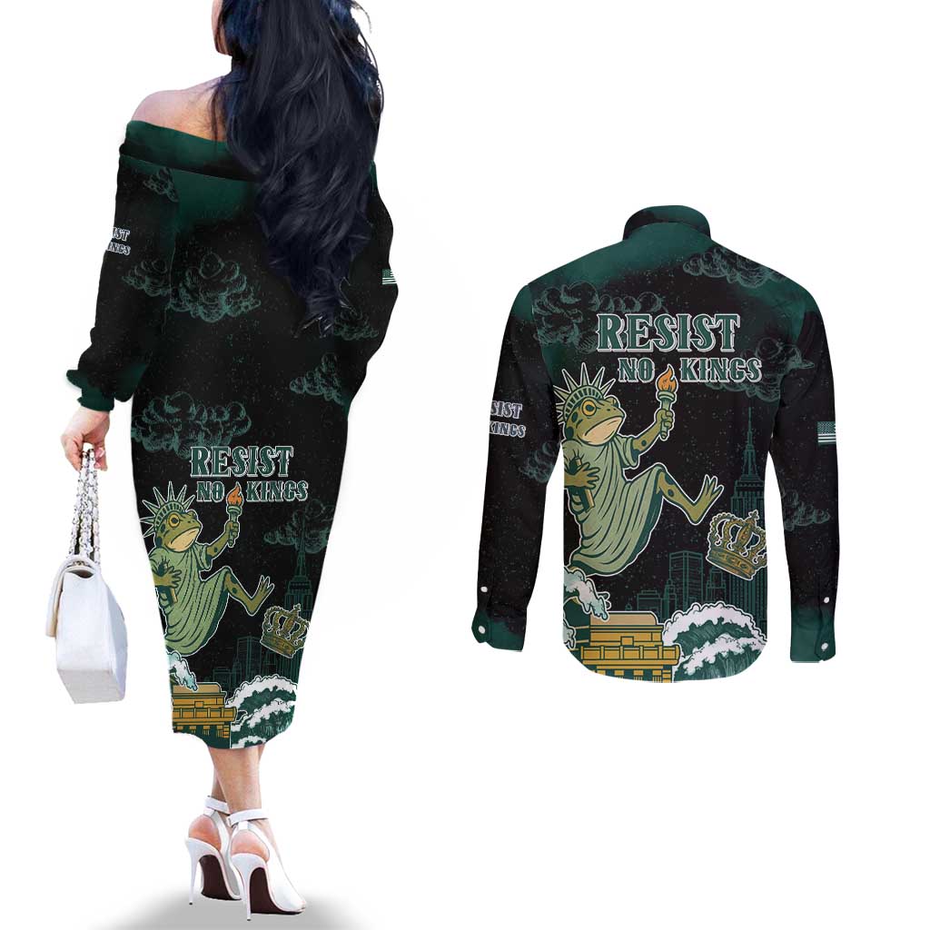 Frogs Against Fascism Couples Matching Off The Shoulder Long Sleeve Dress and Long Sleeve Button Shirt No Kings Funny Portland Frog Protest - Wonder Print Shop