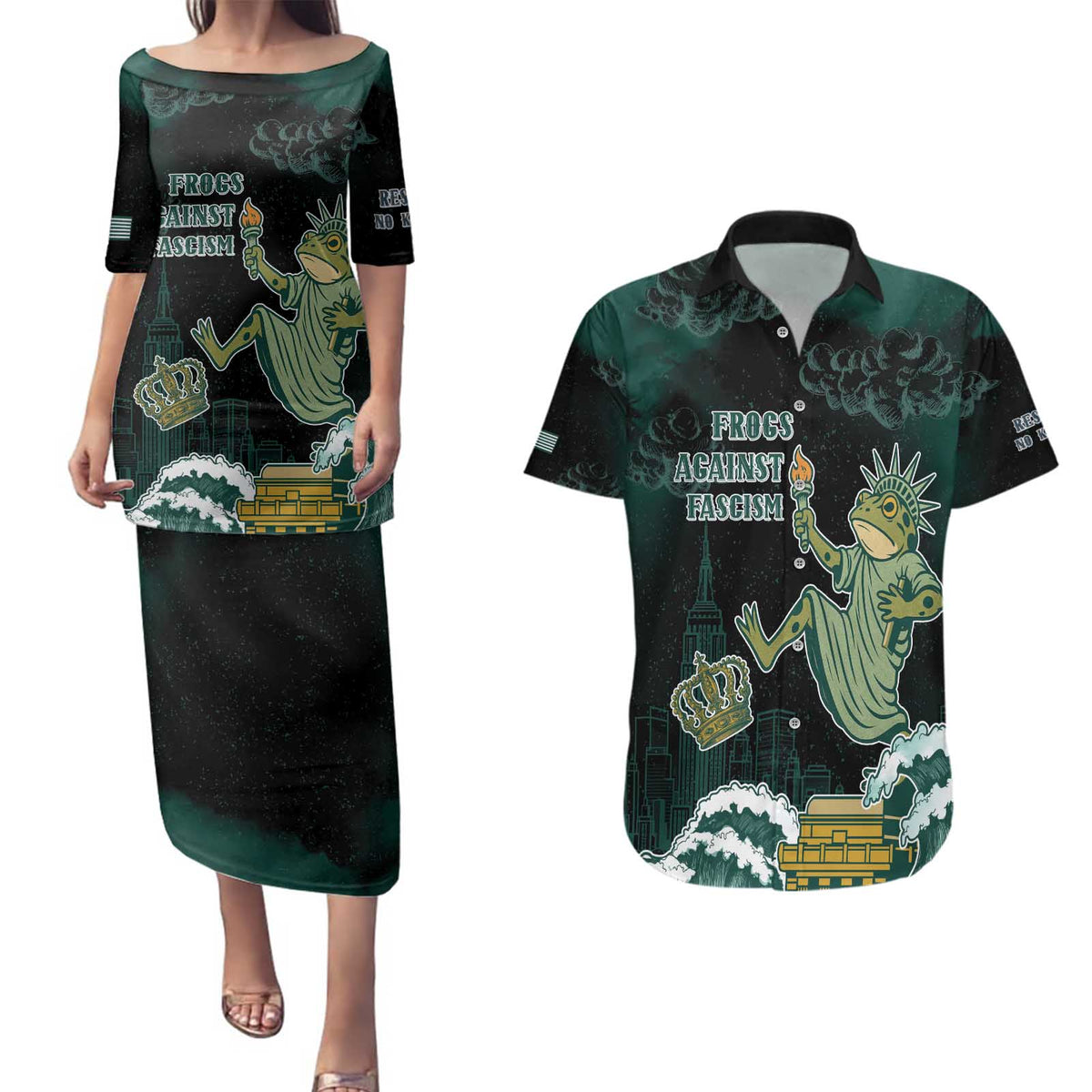 Frogs Against Fascism Couples Matching Puletasi and Hawaiian Shirt No Kings Funny Portland Frog Protest - Wonder Print Shop