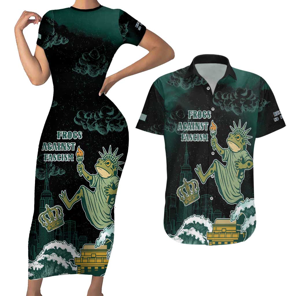 Frogs Against Fascism Couples Matching Short Sleeve Bodycon Dress and Hawaiian Shirt No Kings Funny Portland Frog Protest - Wonder Print Shop