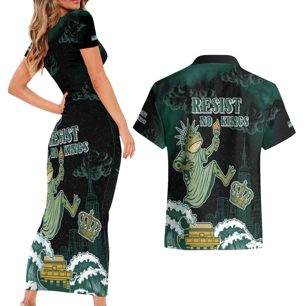 Frogs Against Fascism Couples Matching Short Sleeve Bodycon Dress and Hawaiian Shirt No Kings Funny Portland Frog Protest - Wonder Print Shop