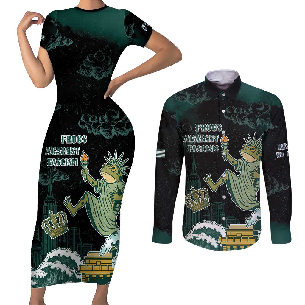 Frogs Against Fascism Couples Matching Short Sleeve Bodycon Dress and Long Sleeve Button Shirt No Kings Funny Portland Frog Protest - Wonder Print Shop