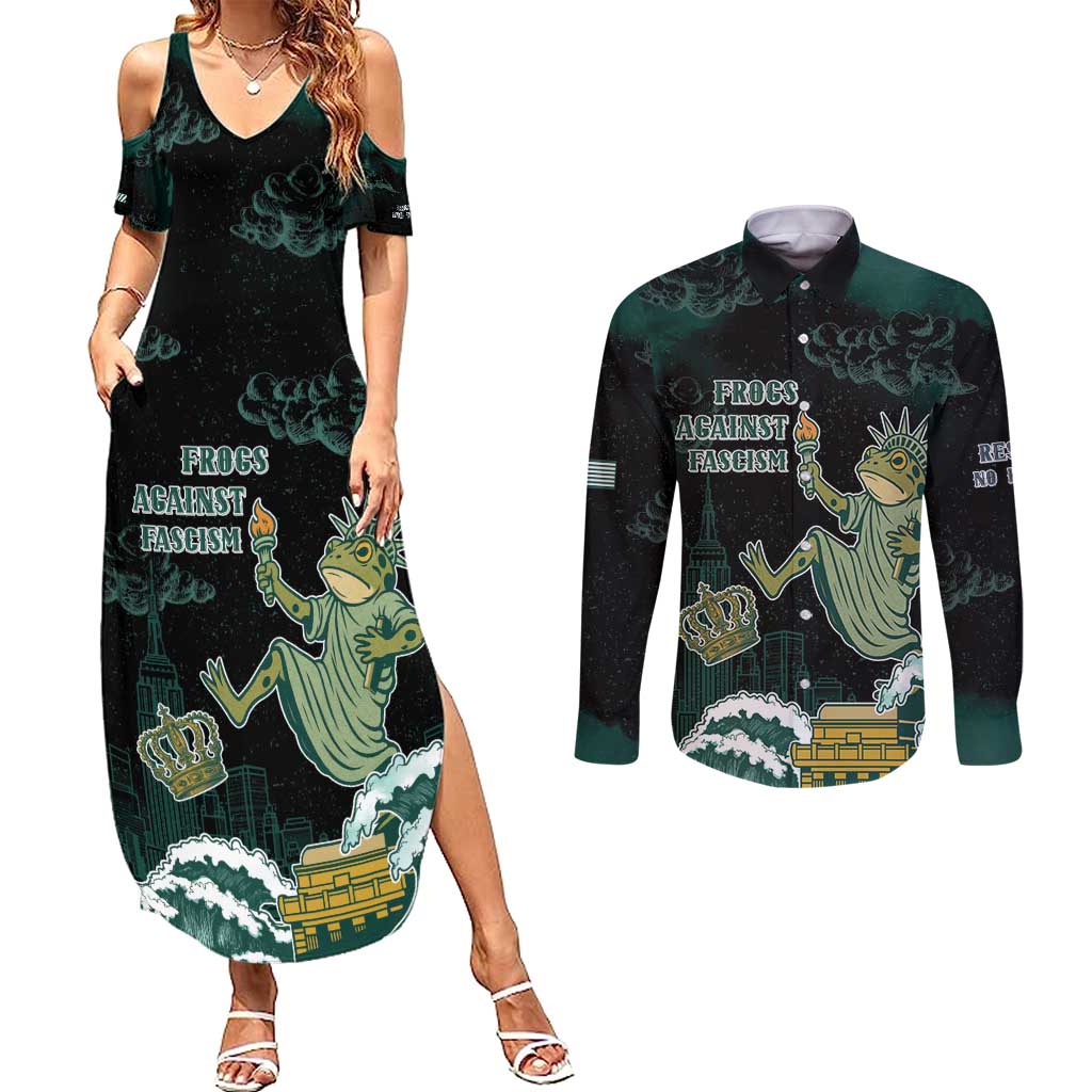 Frogs Against Fascism Couples Matching Summer Maxi Dress and Long Sleeve Button Shirt No Kings Funny Portland Frog Protest - Wonder Print Shop