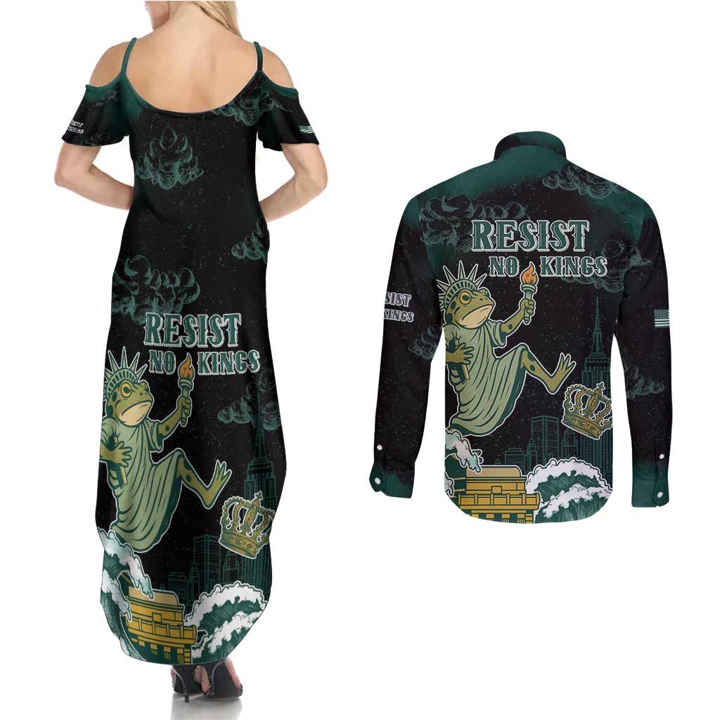Frogs Against Fascism Couples Matching Summer Maxi Dress and Long Sleeve Button Shirt No Kings Funny Portland Frog Protest - Wonder Print Shop
