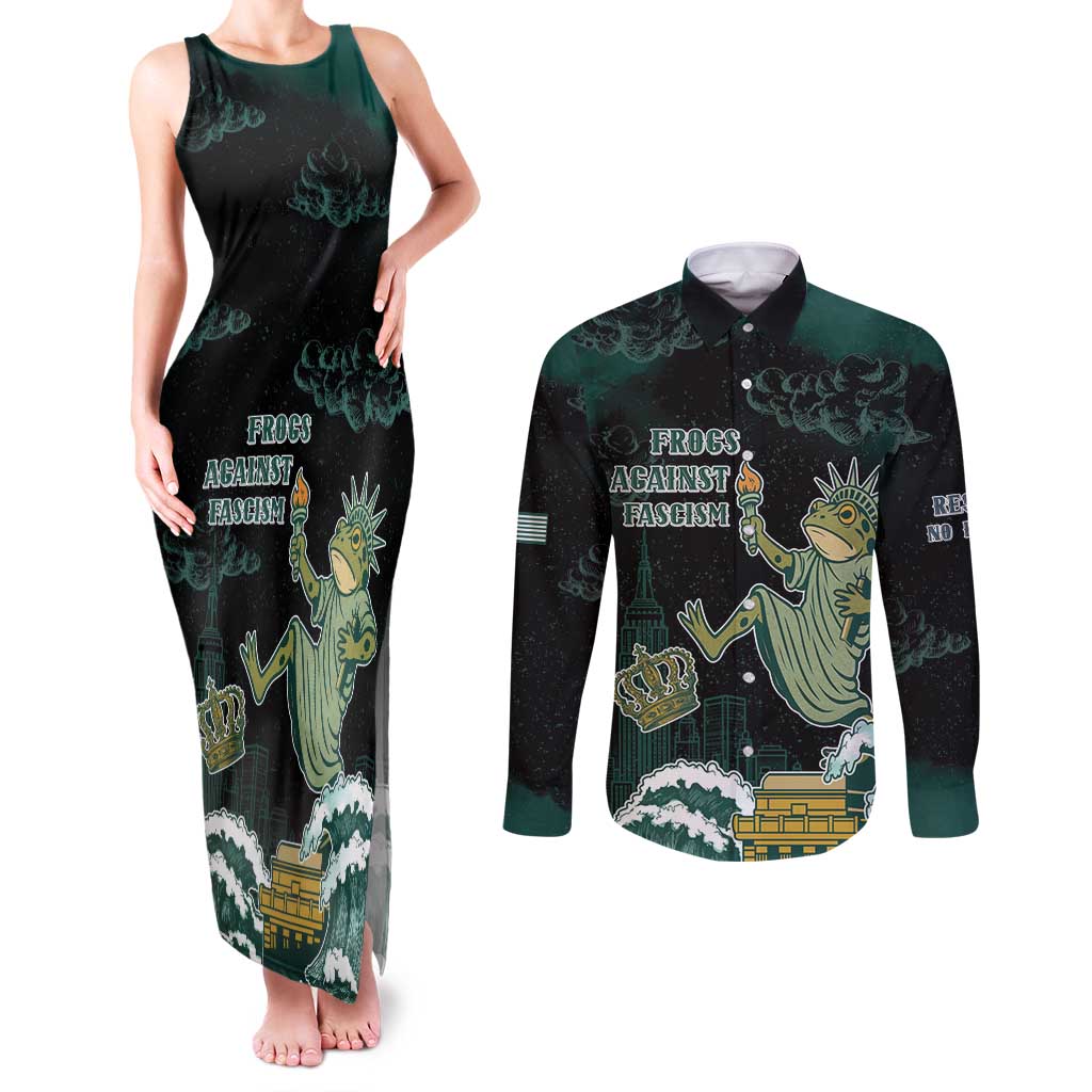 Frogs Against Fascism Couples Matching Tank Maxi Dress and Long Sleeve Button Shirt No Kings Funny Portland Frog Protest - Wonder Print Shop