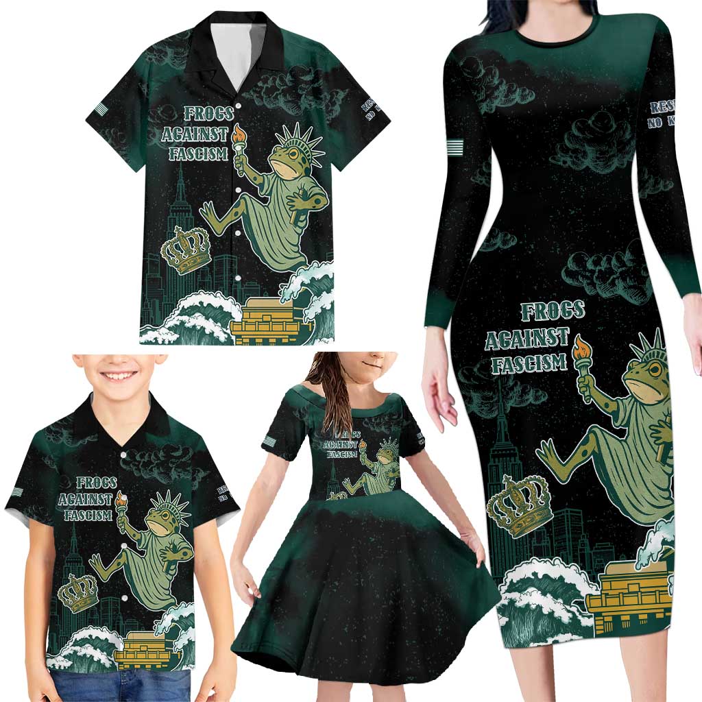 Frogs Against Fascism Family Matching Long Sleeve Bodycon Dress and Hawaiian Shirt No Kings Funny Portland Frog Protest - Wonder Print Shop