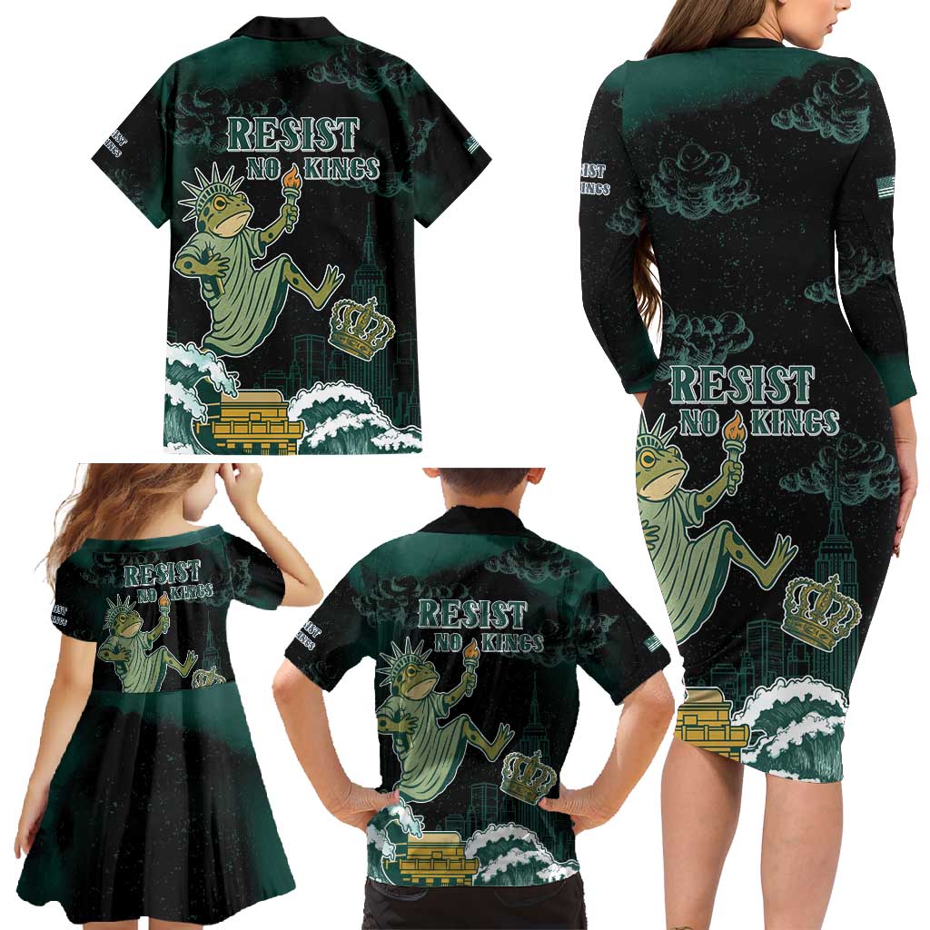 Frogs Against Fascism Family Matching Long Sleeve Bodycon Dress and Hawaiian Shirt No Kings Funny Portland Frog Protest - Wonder Print Shop