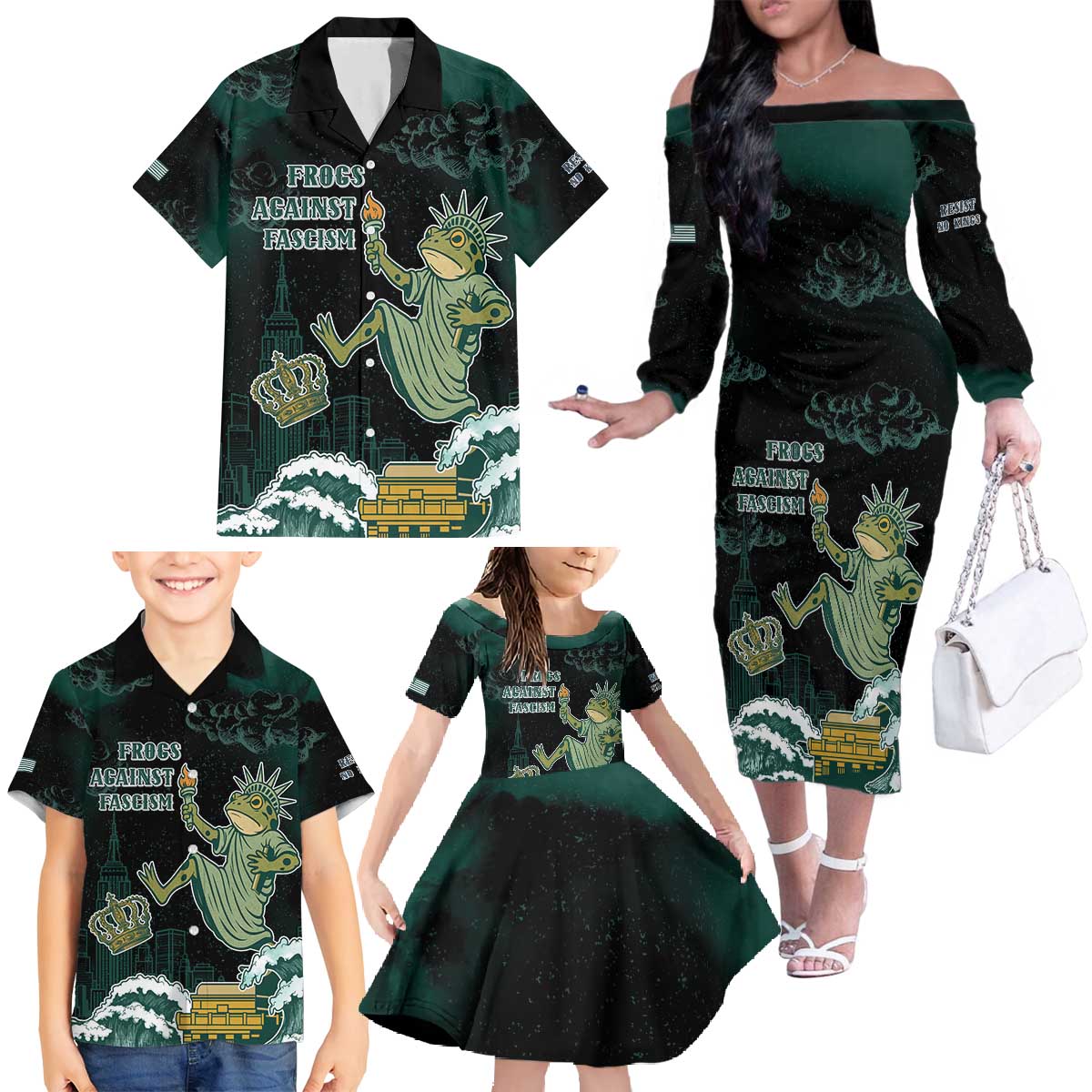 Frogs Against Fascism Family Matching Off The Shoulder Long Sleeve Dress and Hawaiian Shirt No Kings Funny Portland Frog Protest - Wonder Print Shop