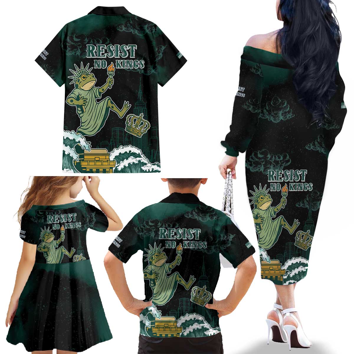 Frogs Against Fascism Family Matching Off The Shoulder Long Sleeve Dress and Hawaiian Shirt No Kings Funny Portland Frog Protest - Wonder Print Shop