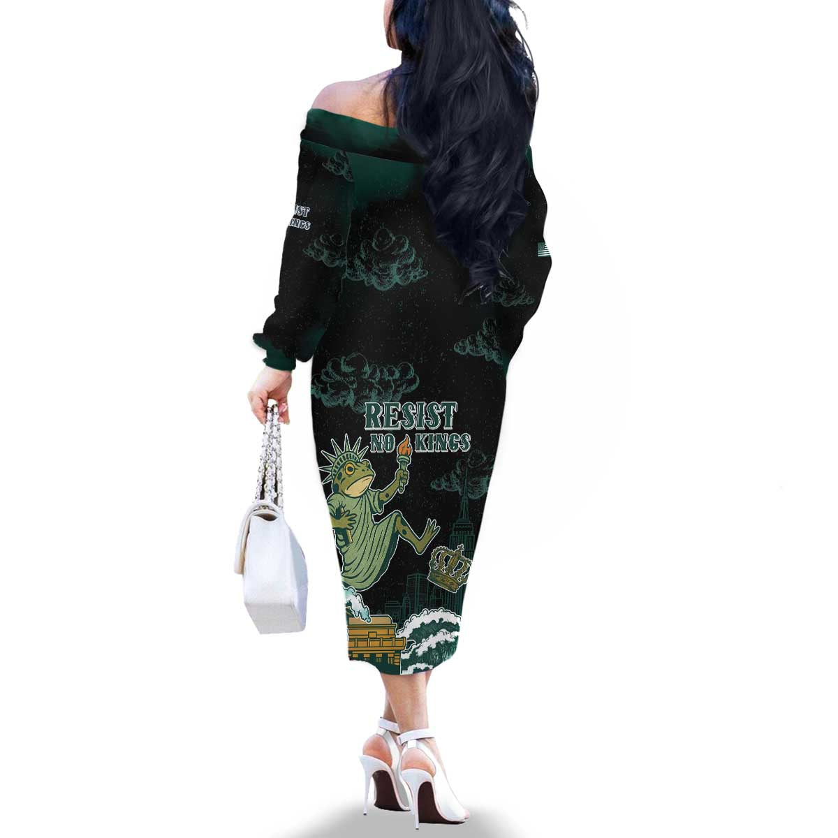 Frogs Against Fascism Family Matching Off The Shoulder Long Sleeve Dress and Hawaiian Shirt No Kings Funny Portland Frog Protest - Wonder Print Shop
