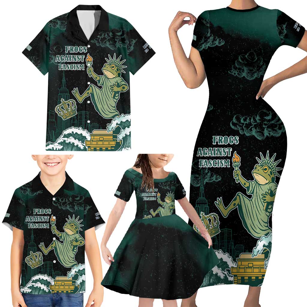 Frogs Against Fascism Family Matching Short Sleeve Bodycon Dress and Hawaiian Shirt No Kings Funny Portland Frog Protest - Wonder Print Shop