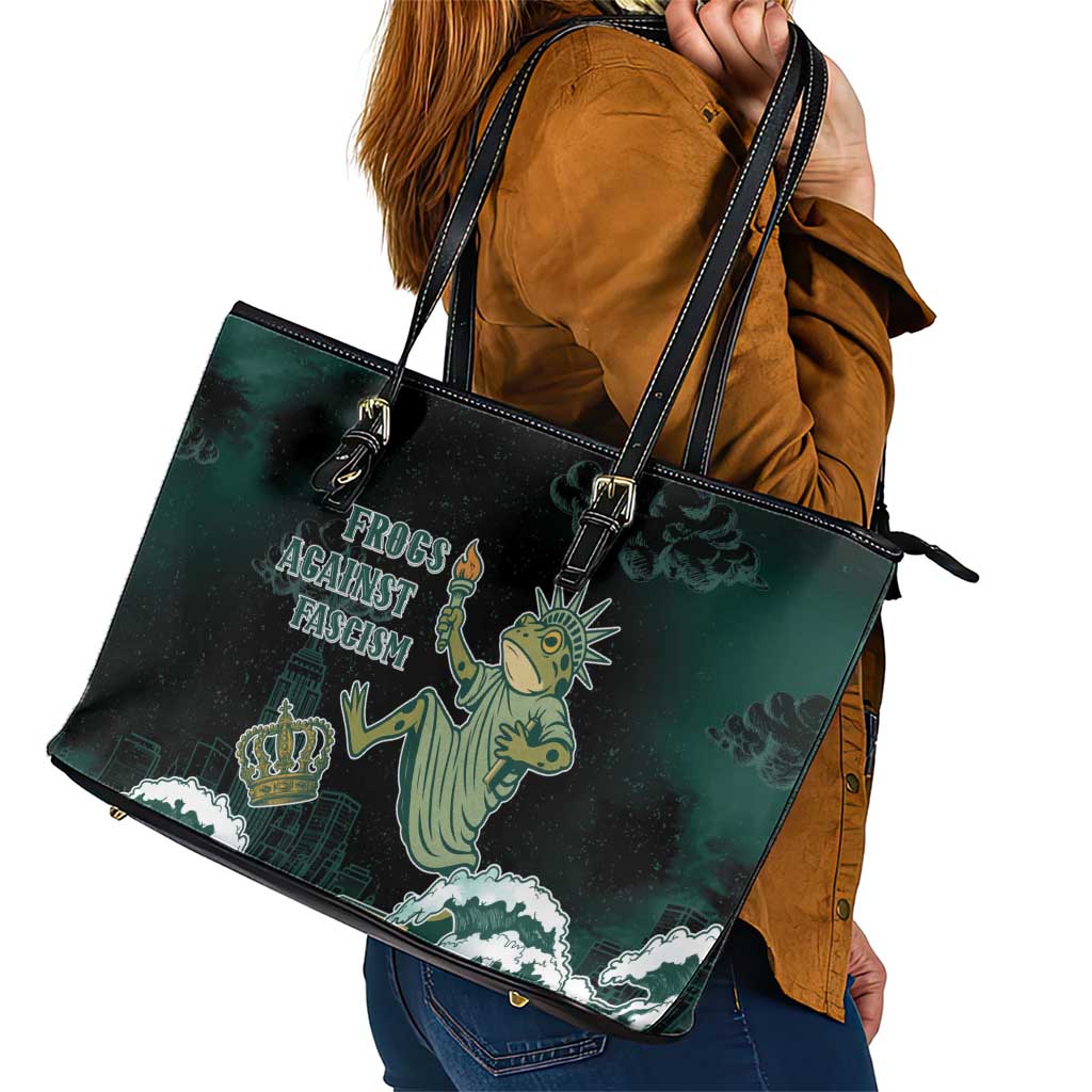Frogs Against Fascism Leather Tote Bag No Kings Funny Portland Frog Protest - Wonder Print Shop
