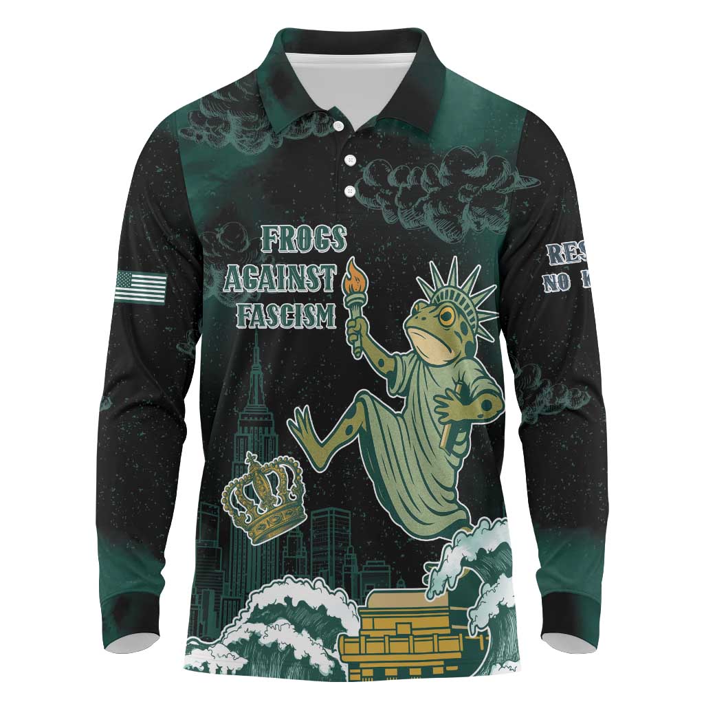 Frogs Against Fascism Long Sleeve Polo Shirt No Kings Funny Portland Frog Protest - Wonder Print Shop