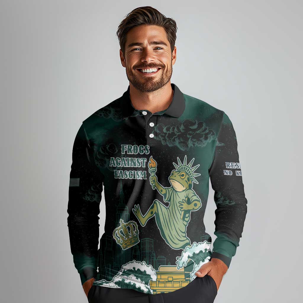 Frogs Against Fascism Long Sleeve Polo Shirt No Kings Funny Portland Frog Protest - Wonder Print Shop