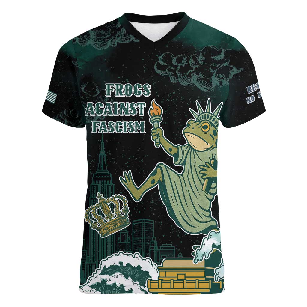 Frogs Against Fascism Women V-Neck T-Shirt No Kings Funny Portland Frog Protest LT05