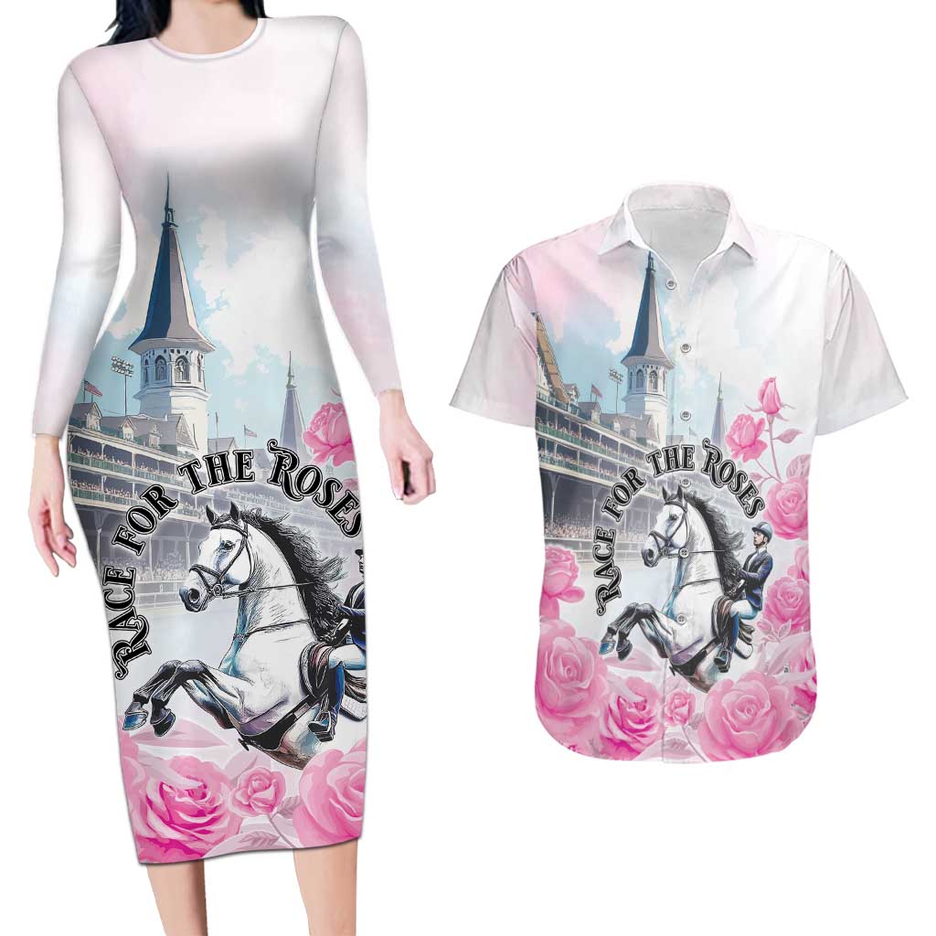 Kentucky Horse Race Couples Matching Long Sleeve Bodycon Dress and Hawaiian Shirt Race For The Roses Churchill Downs