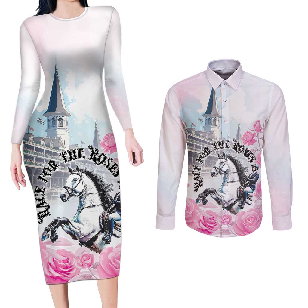 Kentucky Horse Race Couples Matching Long Sleeve Bodycon Dress and Long Sleeve Button Shirt Race For The Roses Churchill Downs