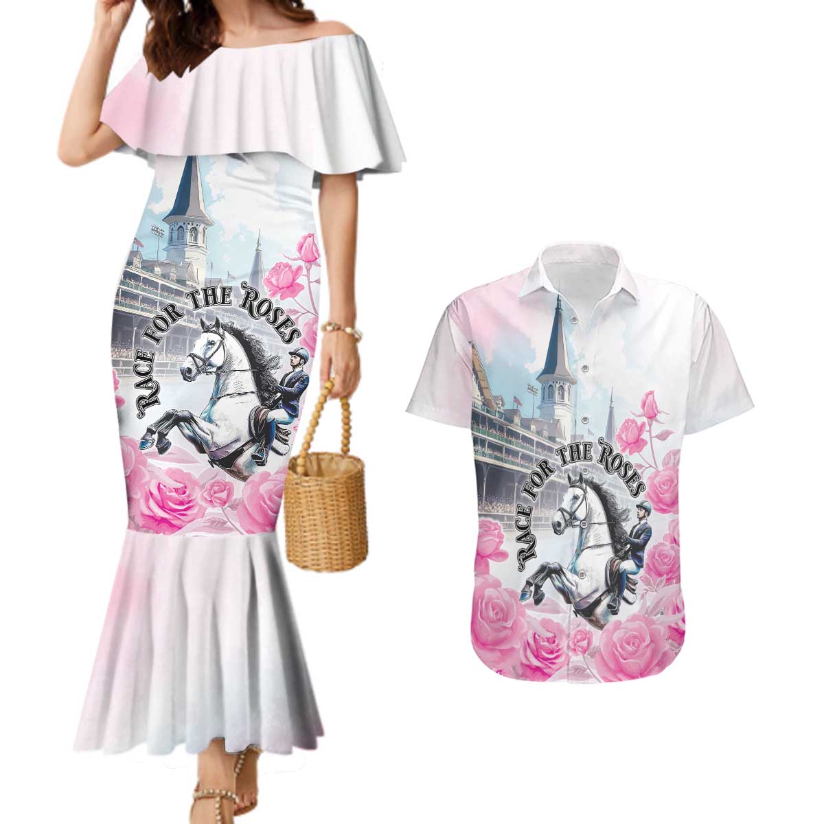 Kentucky Horse Race Couples Matching Mermaid Dress and Hawaiian Shirt Race For The Roses Churchill Downs