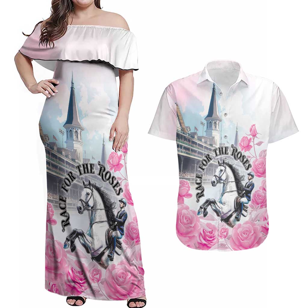 Kentucky Horse Race Couples Matching Off Shoulder Maxi Dress and Hawaiian Shirt Race For The Roses Churchill Downs