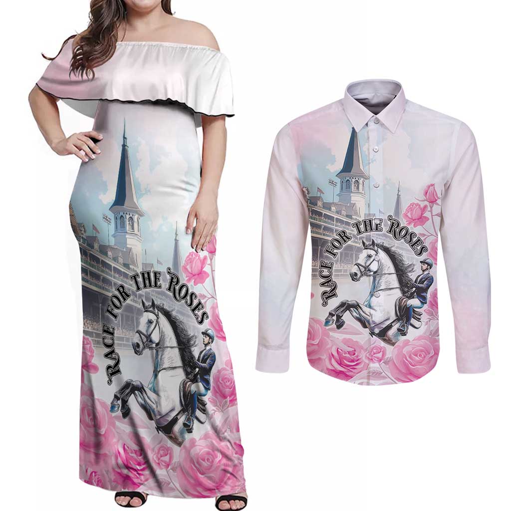 Kentucky Horse Race Couples Matching Off Shoulder Maxi Dress and Long Sleeve Button Shirt Race For The Roses Churchill Downs