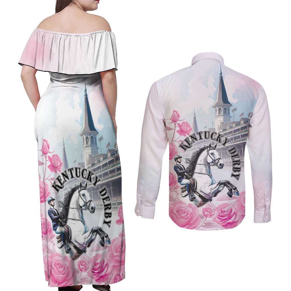 Kentucky Horse Race Couples Matching Off Shoulder Maxi Dress and Long Sleeve Button Shirt Race For The Roses Churchill Downs
