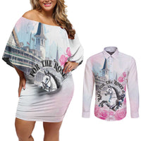 Kentucky Horse Race Couples Matching Off Shoulder Short Dress and Long Sleeve Button Shirt Race For The Roses Churchill Downs