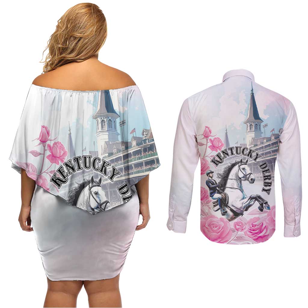 Kentucky Horse Race Couples Matching Off Shoulder Short Dress and Long Sleeve Button Shirt Race For The Roses Churchill Downs