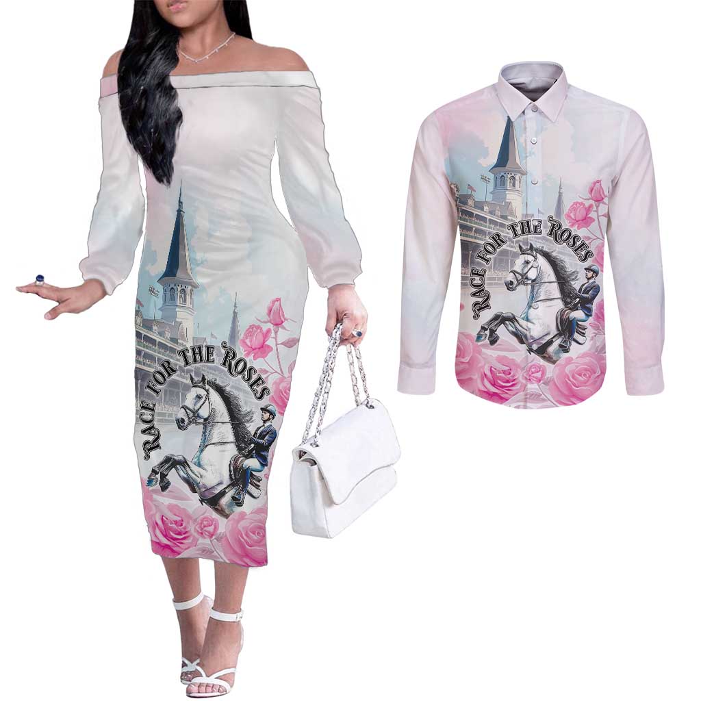 Kentucky Horse Race Couples Matching Off The Shoulder Long Sleeve Dress and Long Sleeve Button Shirt Race For The Roses Churchill Downs
