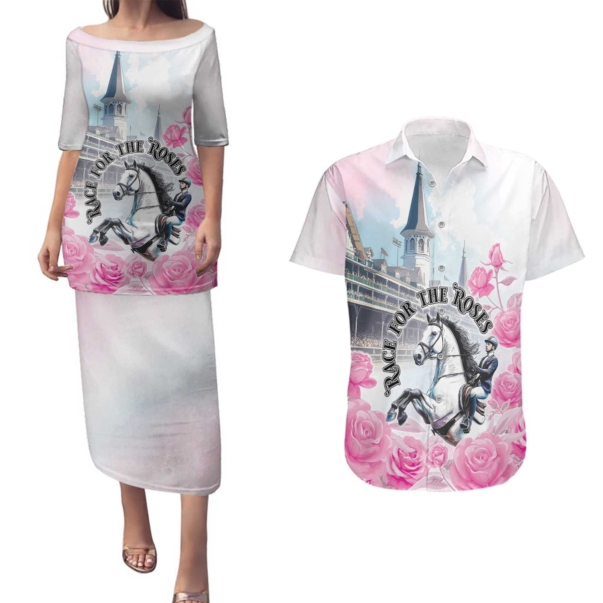 Kentucky Horse Race Couples Matching Puletasi and Hawaiian Shirt Race For The Roses Churchill Downs