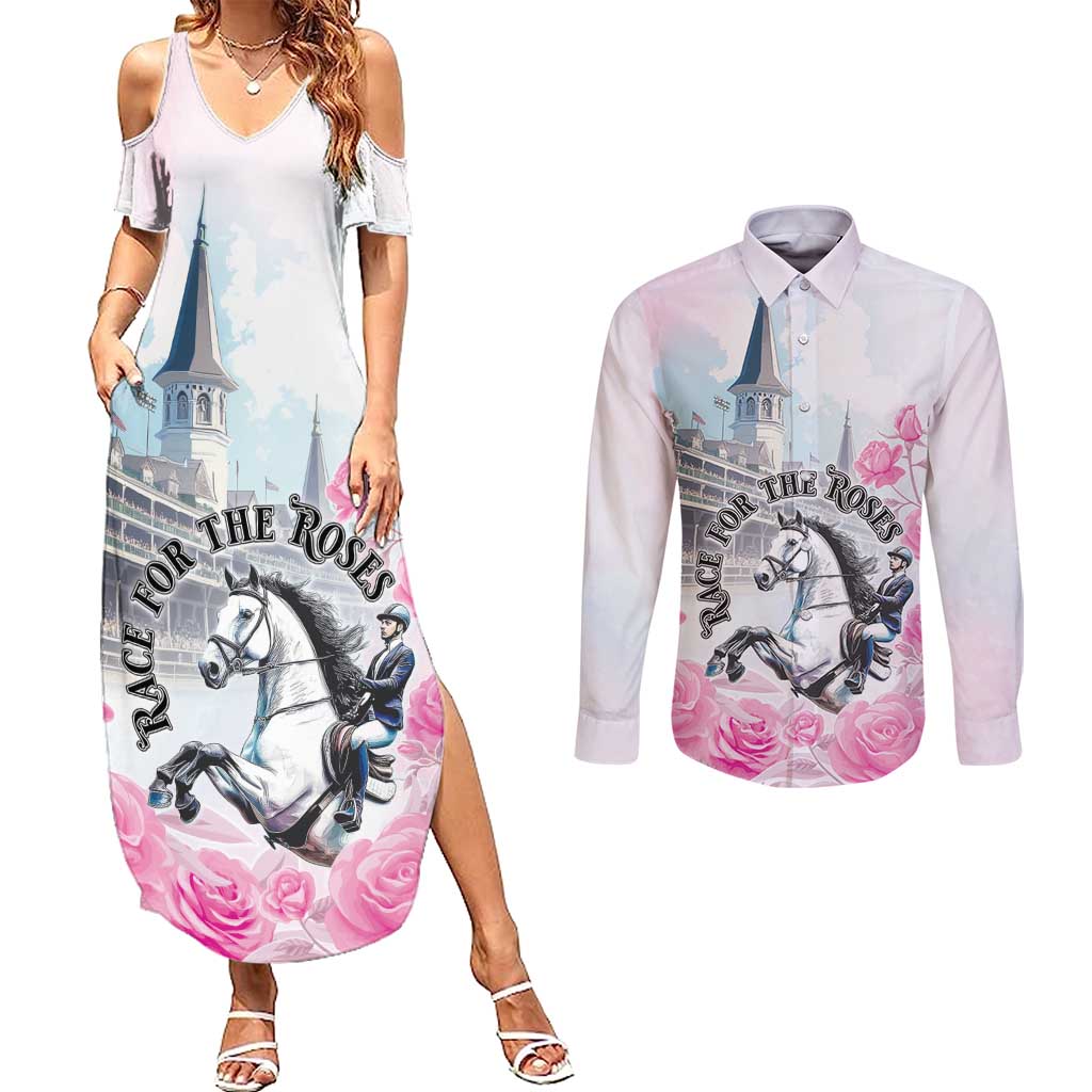Kentucky Horse Race Couples Matching Summer Maxi Dress and Long Sleeve Button Shirt Race For The Roses Churchill Downs