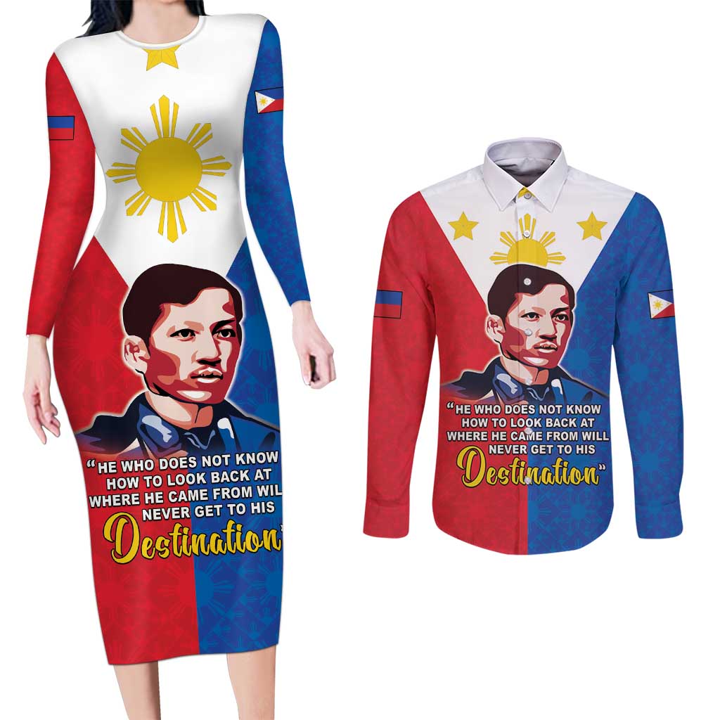 Philippines Filipinos Couples Matching Long Sleeve Bodycon Dress and Long Sleeve Button Shirt Jose Rizal Flag Style