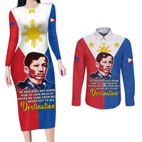 Philippines Filipinos Couples Matching Long Sleeve Bodycon Dress and Long Sleeve Button Shirt Jose Rizal Flag Style
