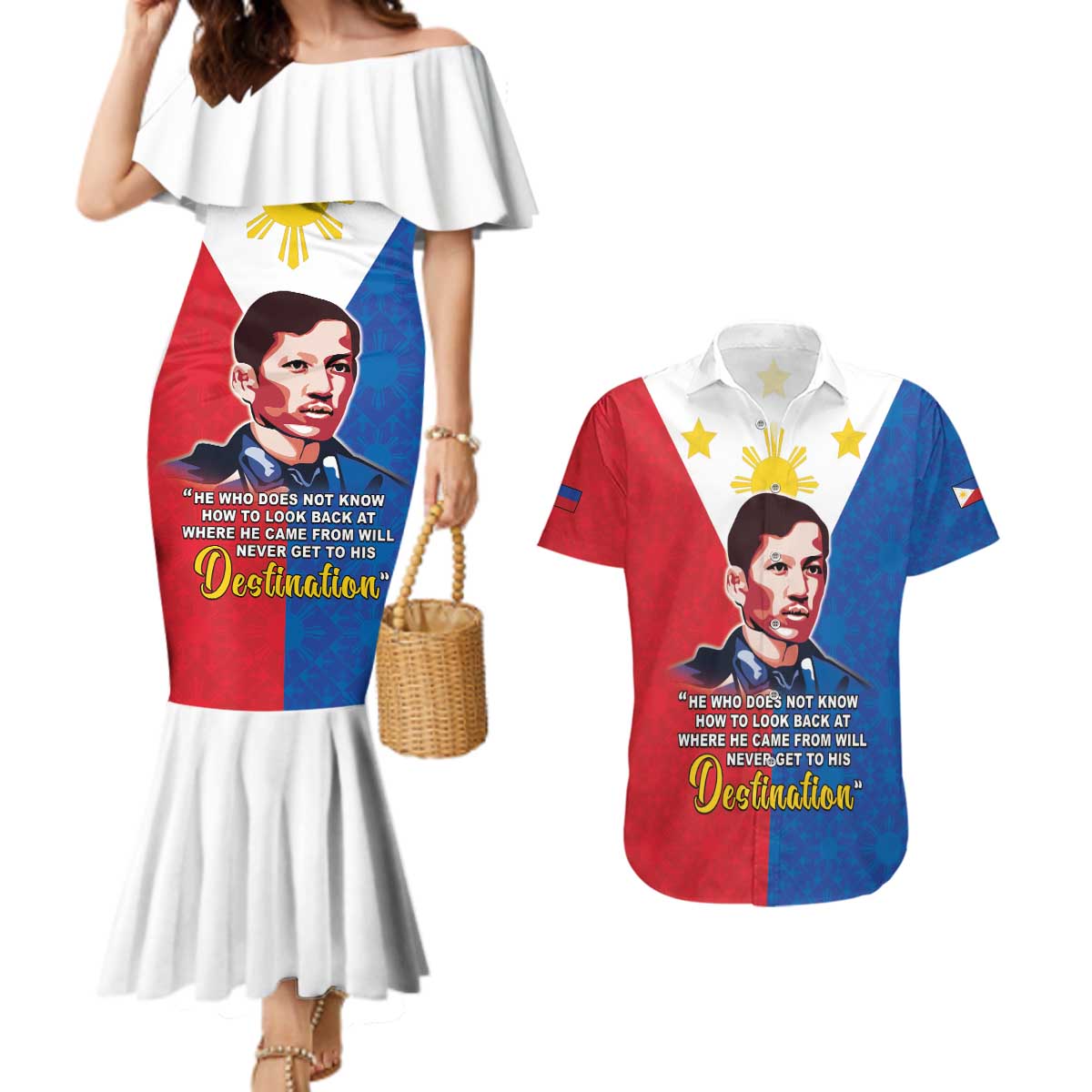 Philippines Filipinos Couples Matching Mermaid Dress and Hawaiian Shirt Jose Rizal Flag Style