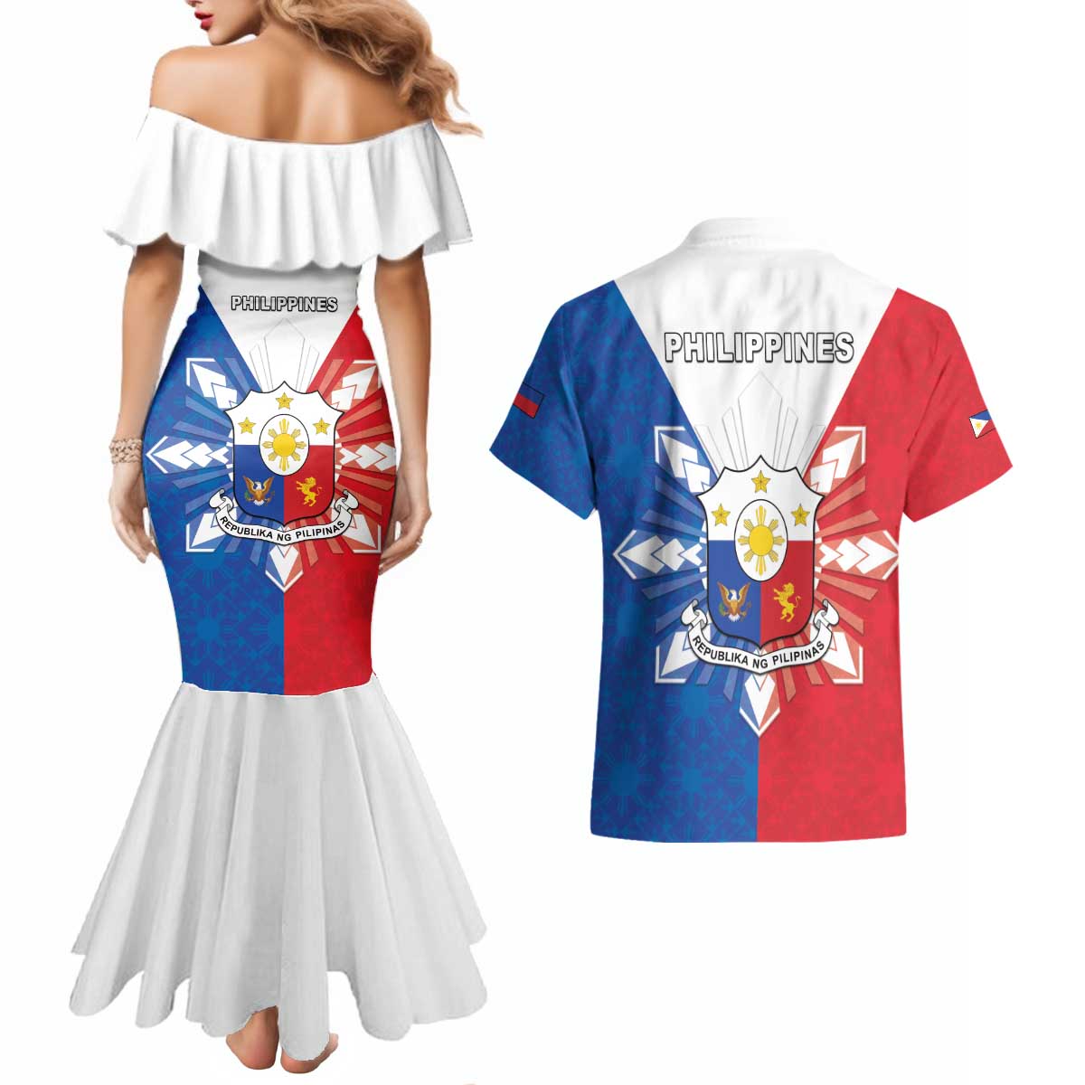 Philippines Filipinos Couples Matching Mermaid Dress and Hawaiian Shirt Jose Rizal Flag Style
