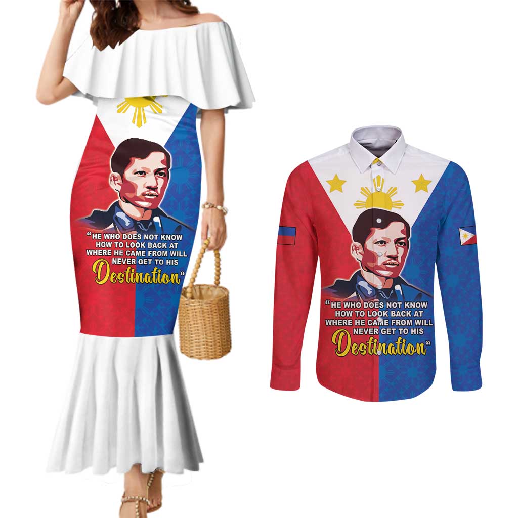 Philippines Filipinos Couples Matching Mermaid Dress and Long Sleeve Button Shirt Jose Rizal Flag Style
